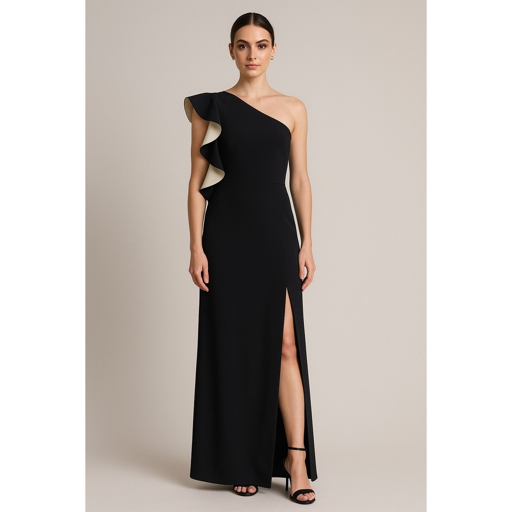 Halston Heritage Black and Cream Ruffle Maxi Dress